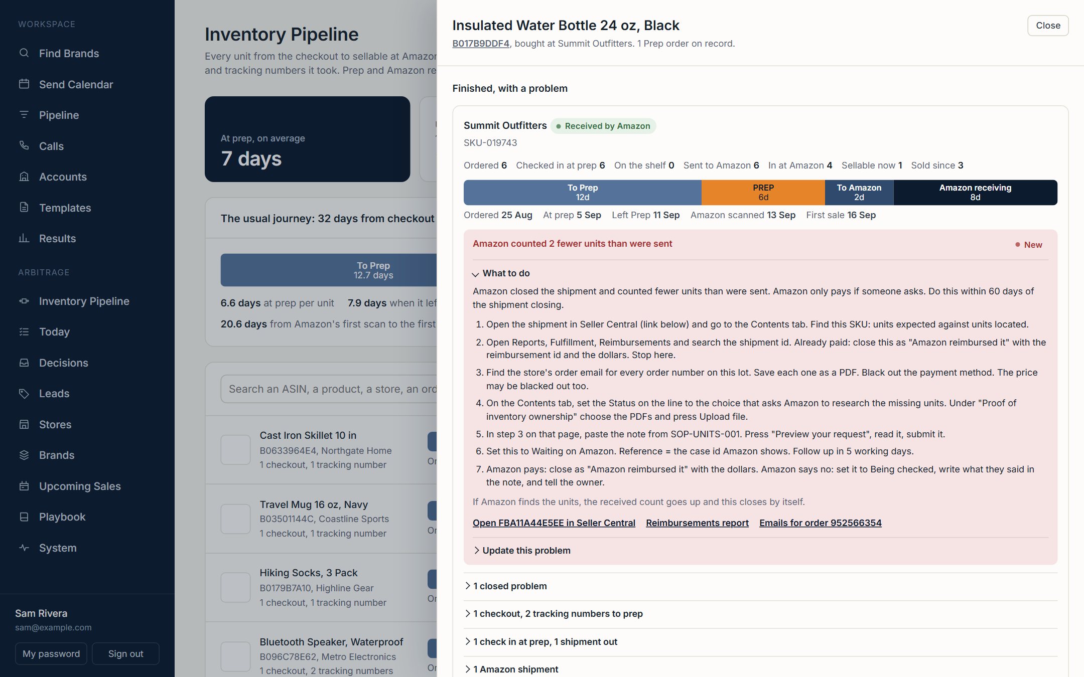 One product's detail showing a shipment Amazon counted short and the steps to claim it