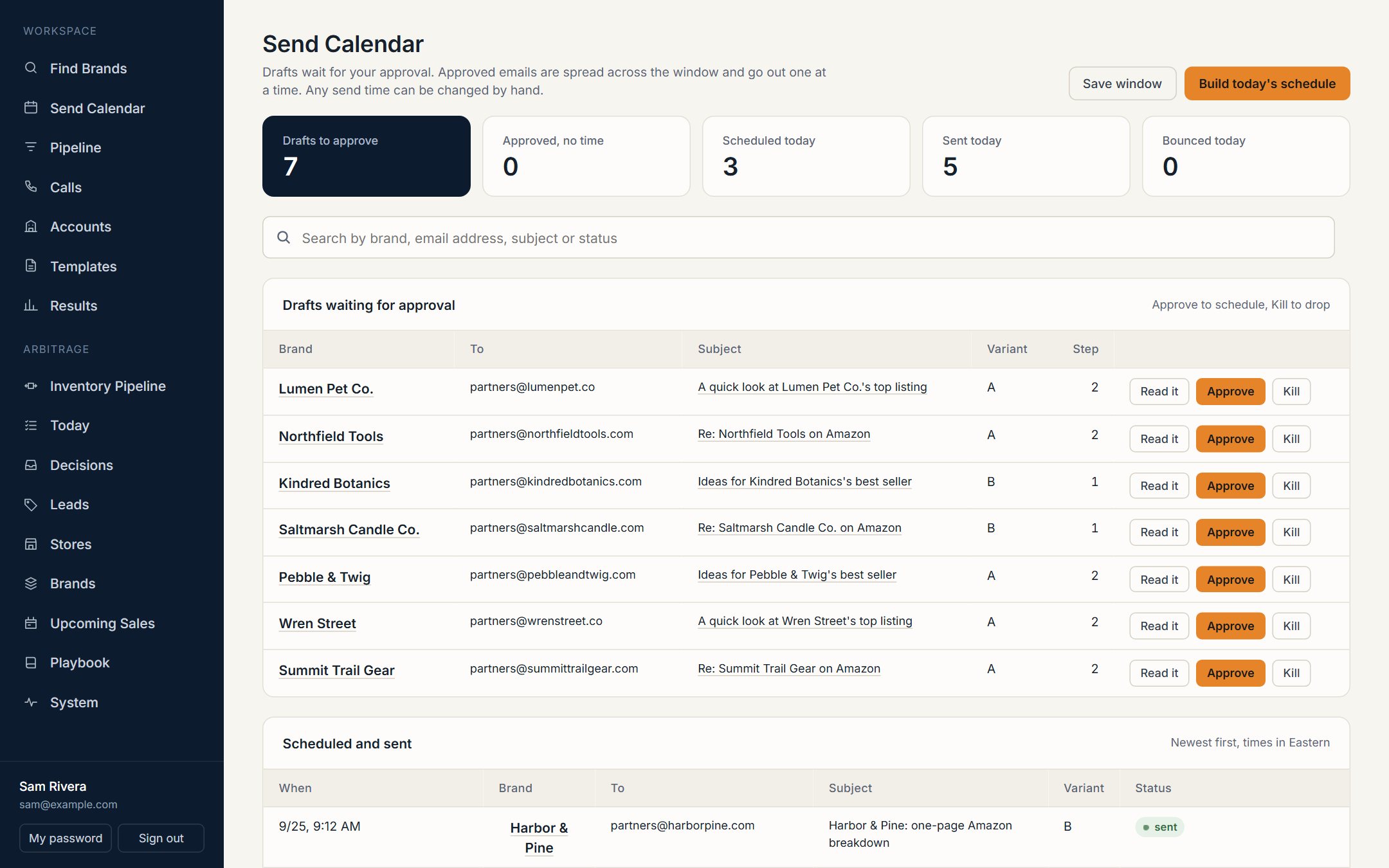 Send calendar with drafts waiting for approval