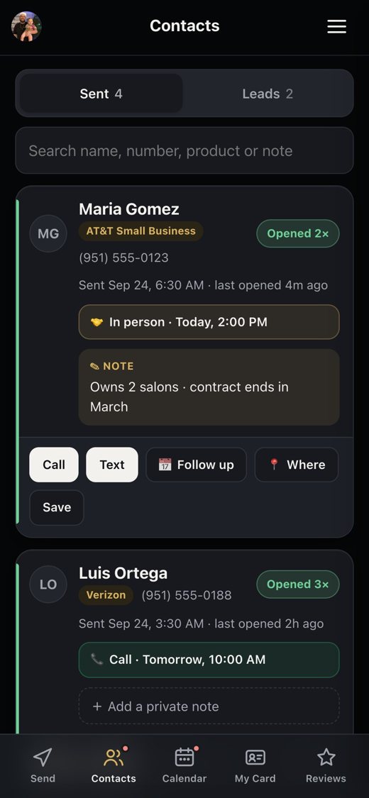 Contacts list showing who opened their card, follow-ups and private notes