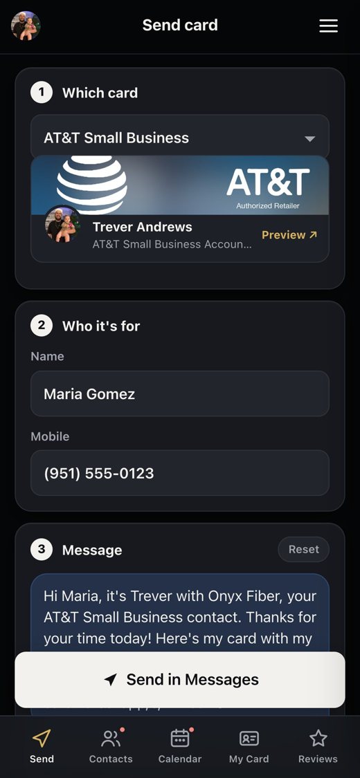 Send card screen: pick a product, add a name and number, send by text